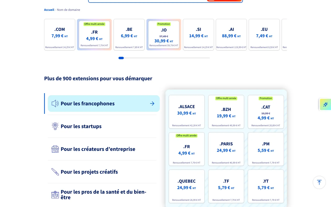 Grille OVHcloud avec les prix de renouvellement du .com à 14,29 euros HT et du .fr à 7,79 euros HT, capture du 19/10/2026