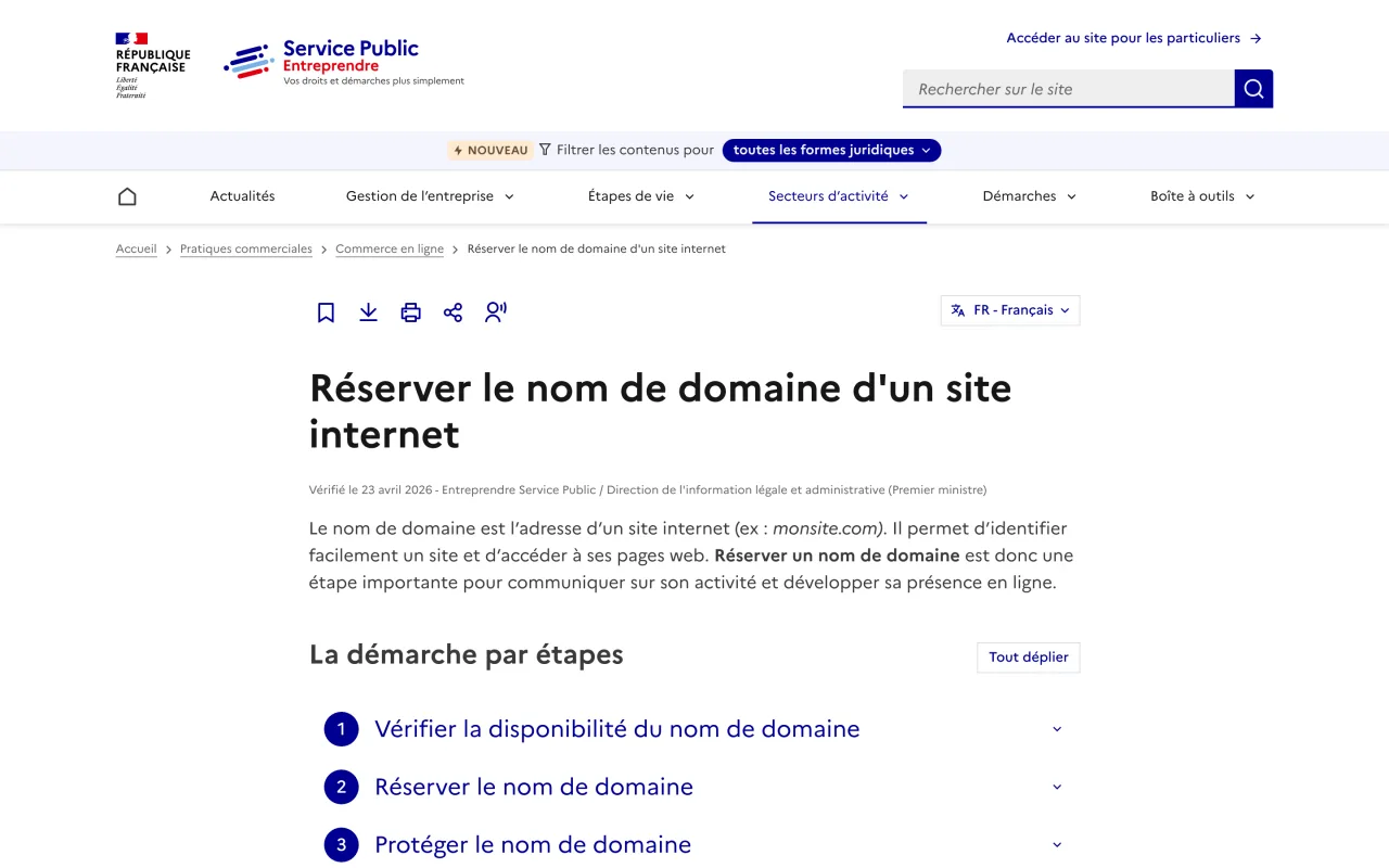Fiche Service Public Entreprendre Réserver le nom de domaine d'un site internet, capture du 19/10/2026