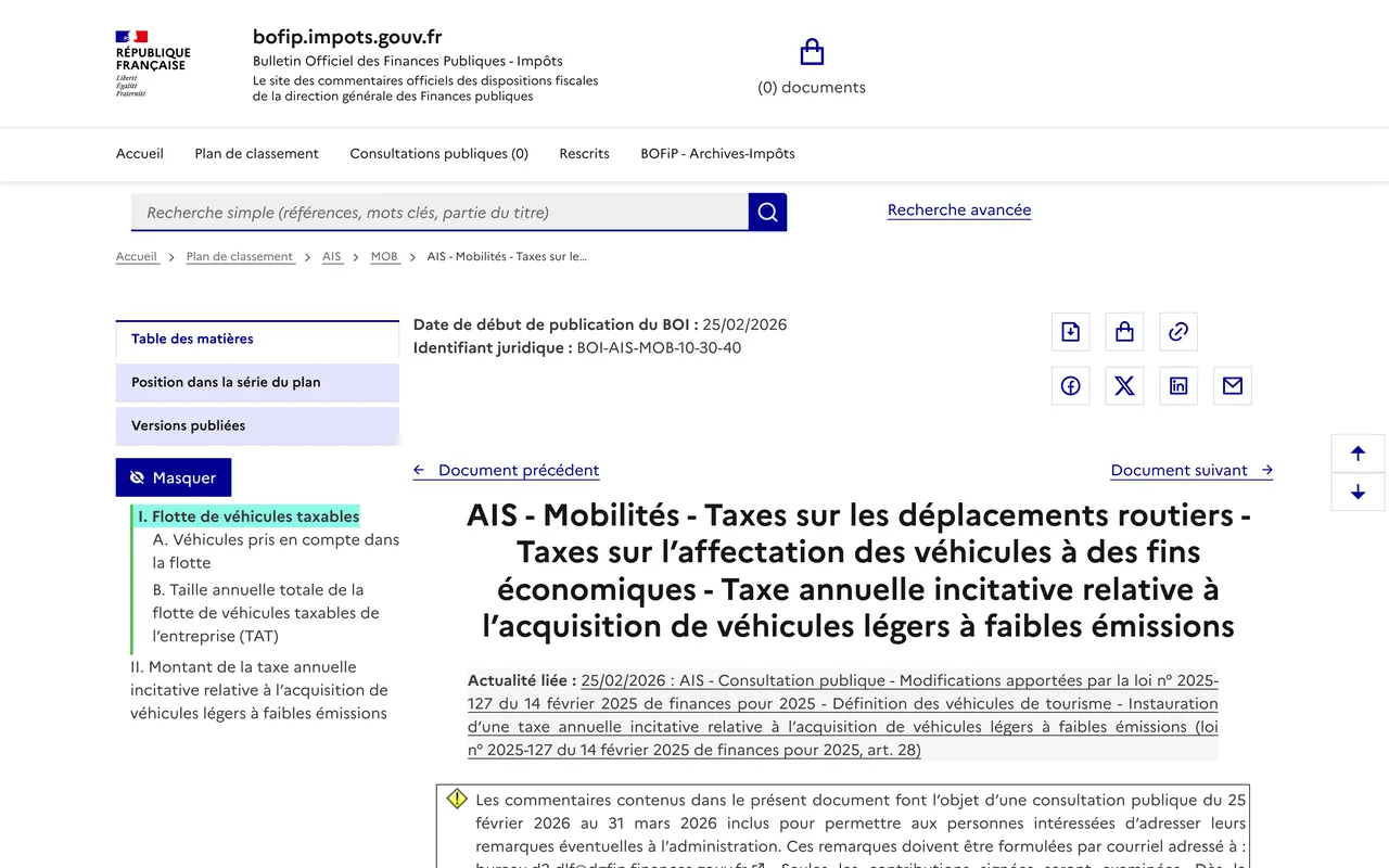 BOFiP : taxe annuelle incitative relative à l’acquisition de véhicules légers à faibles émissions