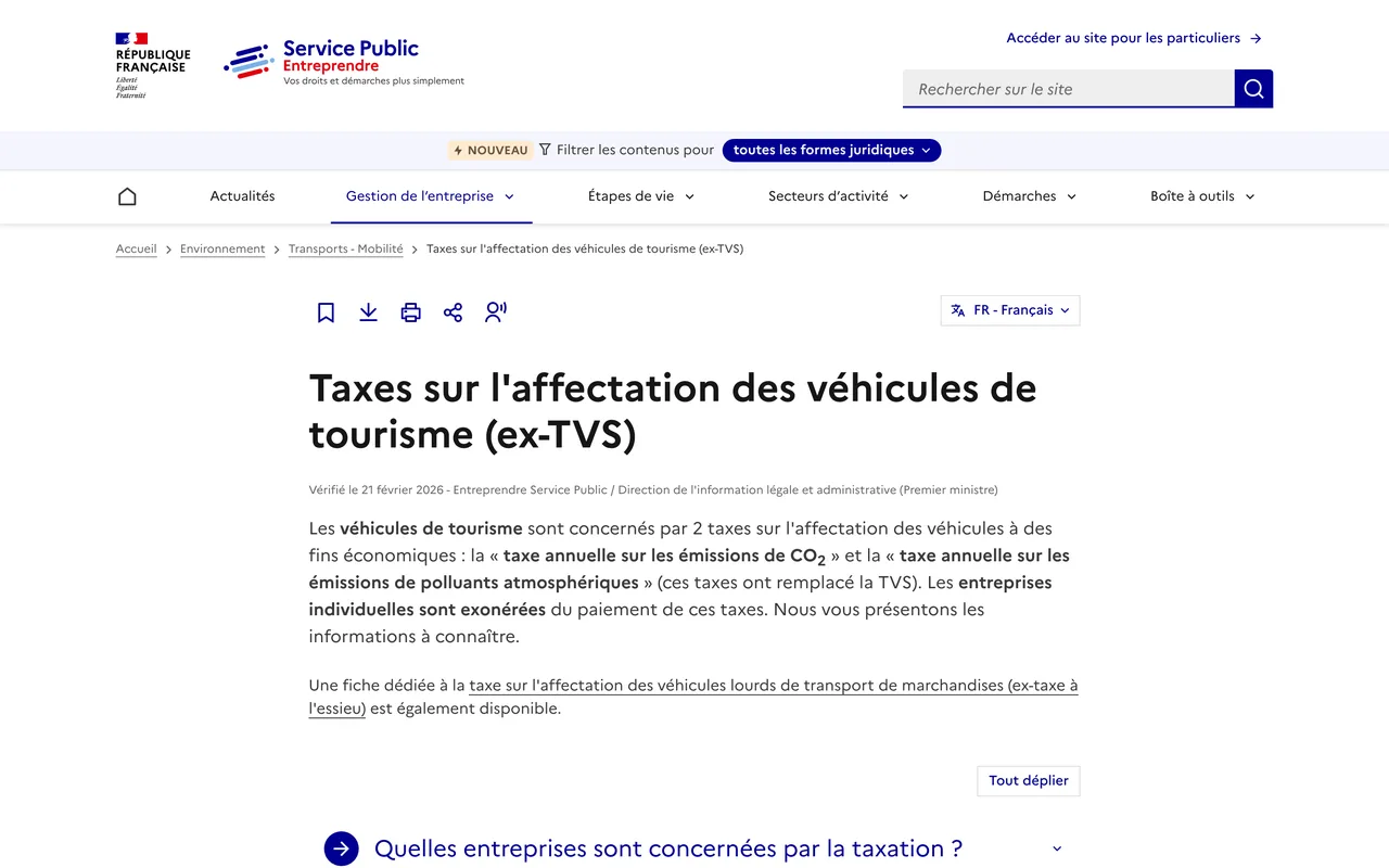 Fiche Service Public Entreprendre sur les taxes sur l’affectation des véhicules de tourisme, ex-TVS