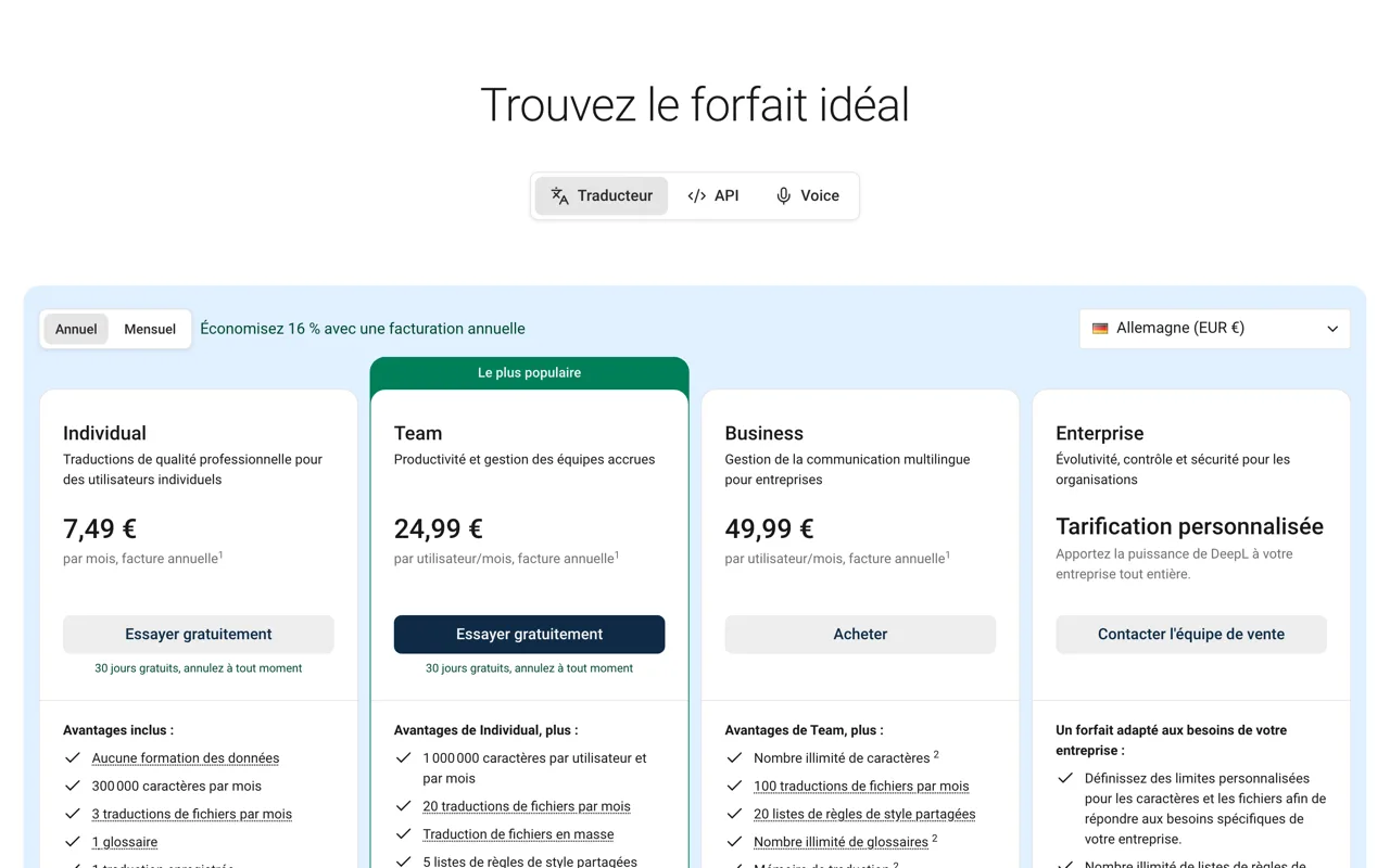 Page tarifs de DeepL Pro : Individual 7,49 euros, Team 24,99 euros, Business 49,99 euros par mois en facturation annuelle