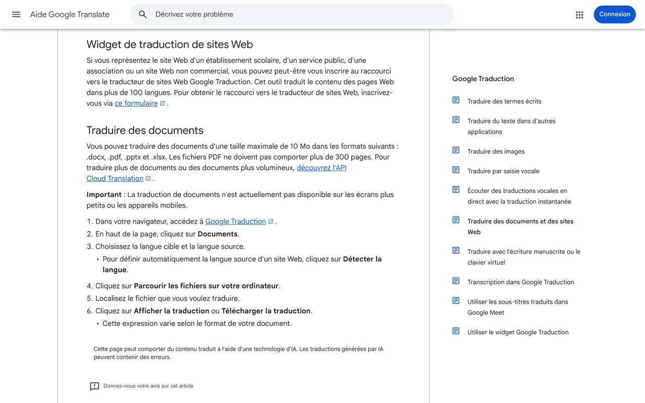Aide Google Traduction : traduire des documents jusqu'à 10 Mo aux formats docx, pdf, pptx et xlsx