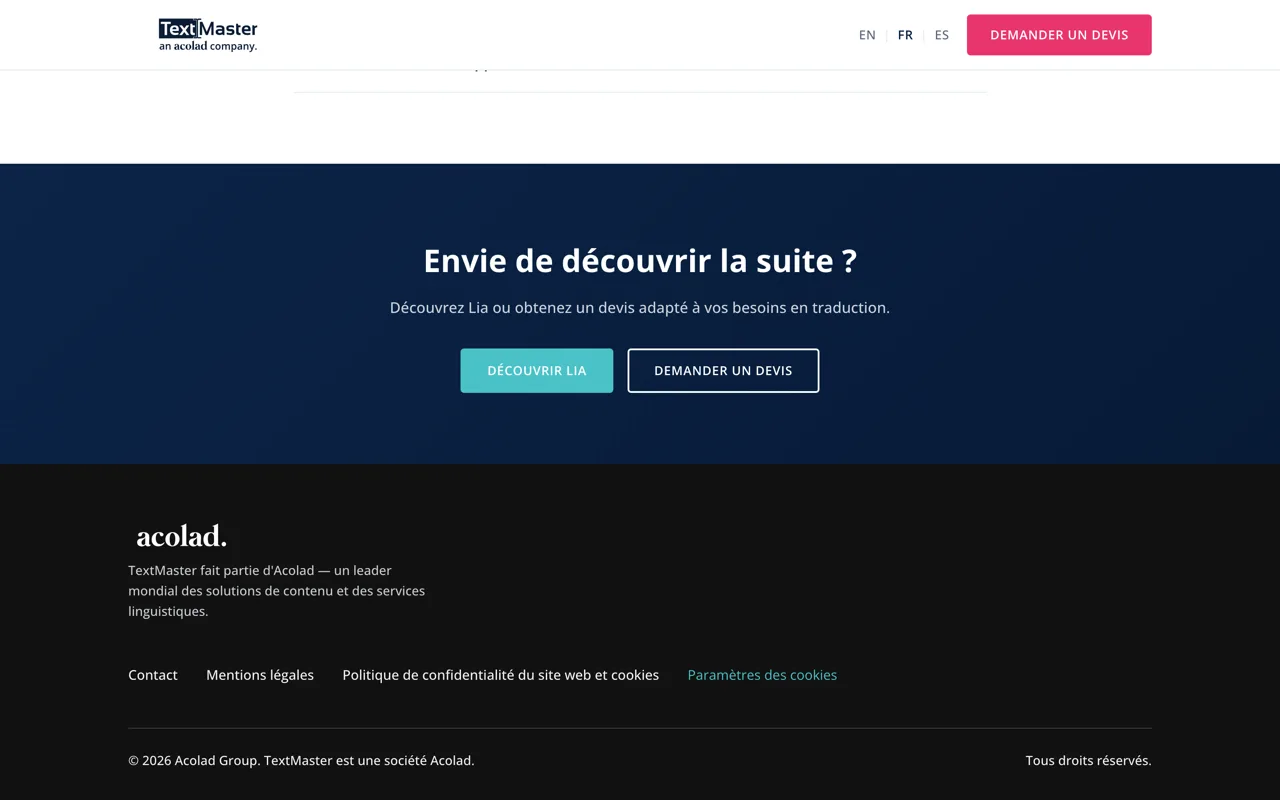 Page de TextMaster annonçant son rattachement au groupe Acolad