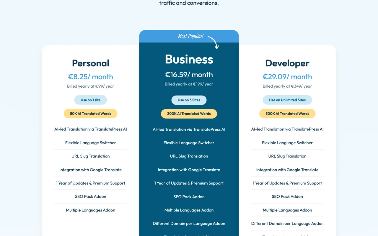 Page tarifs de TranslatePress : Personal 99 euros, Business 199 euros, Developer 349 euros par an