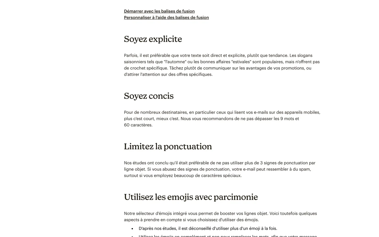 Centre d'aide Mailchimp recommandant de ne pas dépasser 9 mots et 60 caractères dans l'objet d'un email
