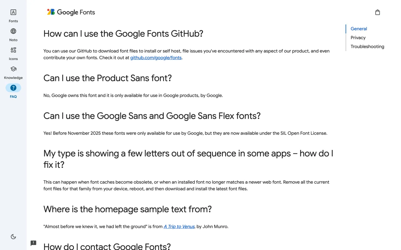 FAQ Google Fonts indiquant que Google Sans et Google Sans Flex sont disponibles sous licence libre depuis novembre 2025 et que Product Sans reste réservée
