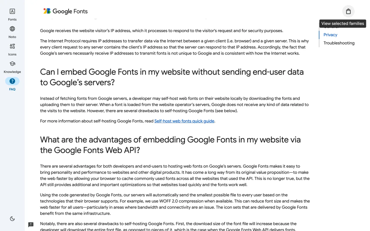 FAQ Google Fonts expliquant l’auto-hébergement des polices pour ne pas transmettre de données des visiteurs à Google