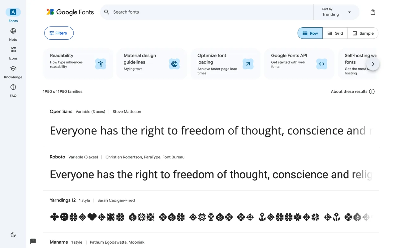 Page d’accueil de Google Fonts affichant 1950 familles de polices le 19 octobre 2026
