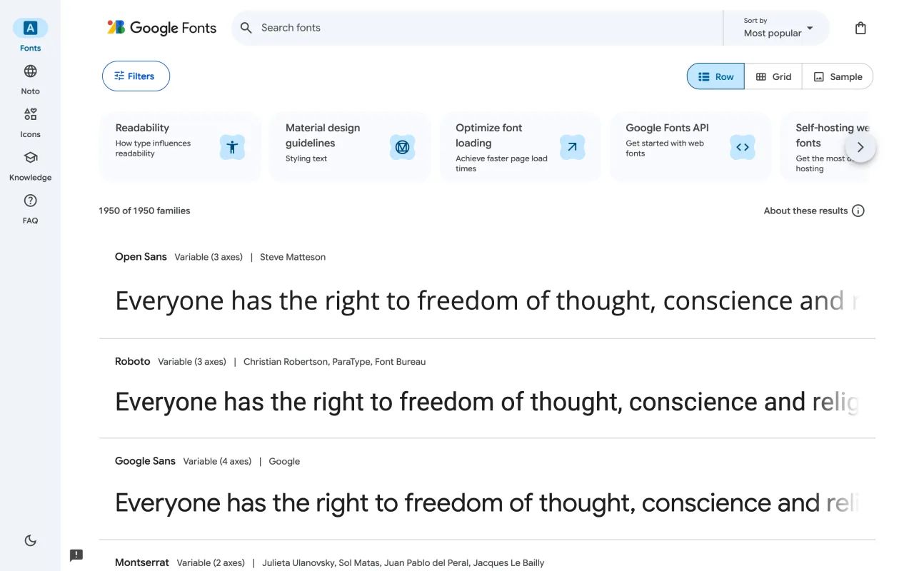 Catalogue Google Fonts trié par popularité le 19 octobre 2026 avec Open Sans, Roboto et Google Sans en tête