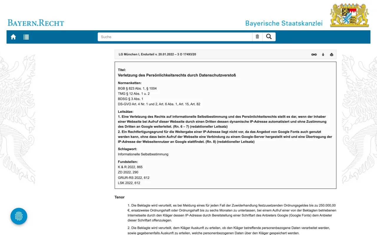 Jugement du tribunal régional de Munich du 20 janvier 2022 sur la transmission d’adresses IP à Google via Google Fonts