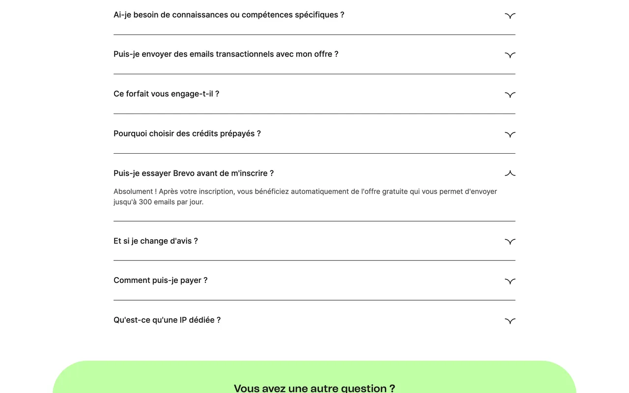 Page tarifs de Brevo indiquant que l'offre gratuite permet d'envoyer jusqu'à 300 emails par jour