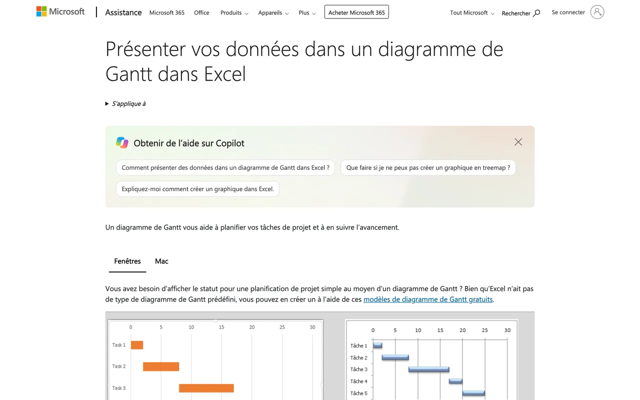 Page d’aide Microsoft expliquant comment présenter des données dans un diagramme de Gantt dans Excel, capture du 19/10/2026