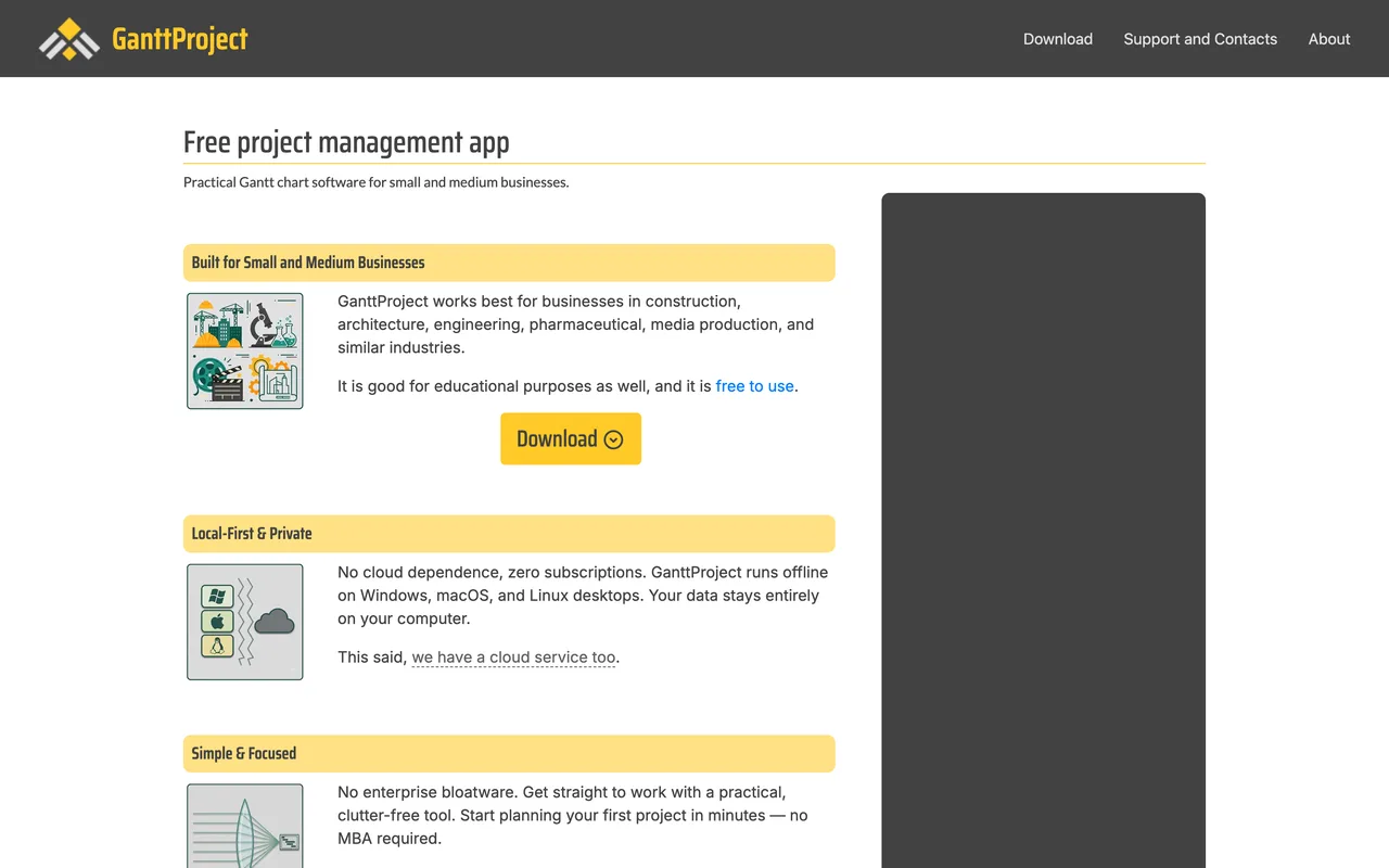 Page d’accueil de GanttProject présentant une application de gestion de projet gratuite fondée sur le diagramme de Gantt, capture du 19/10/2026