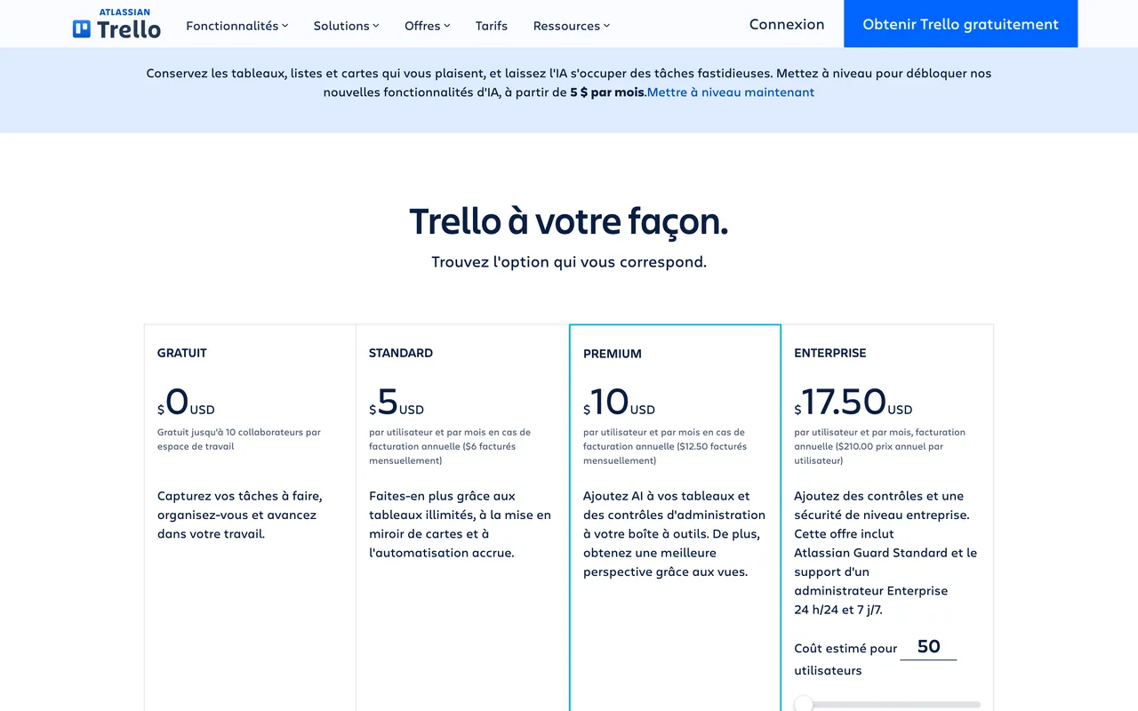 Page des offres Trello en France avec une offre Gratuit à 0 USD à côté des offres Standard, Premium et Enterprise, capture du 19/10/2026