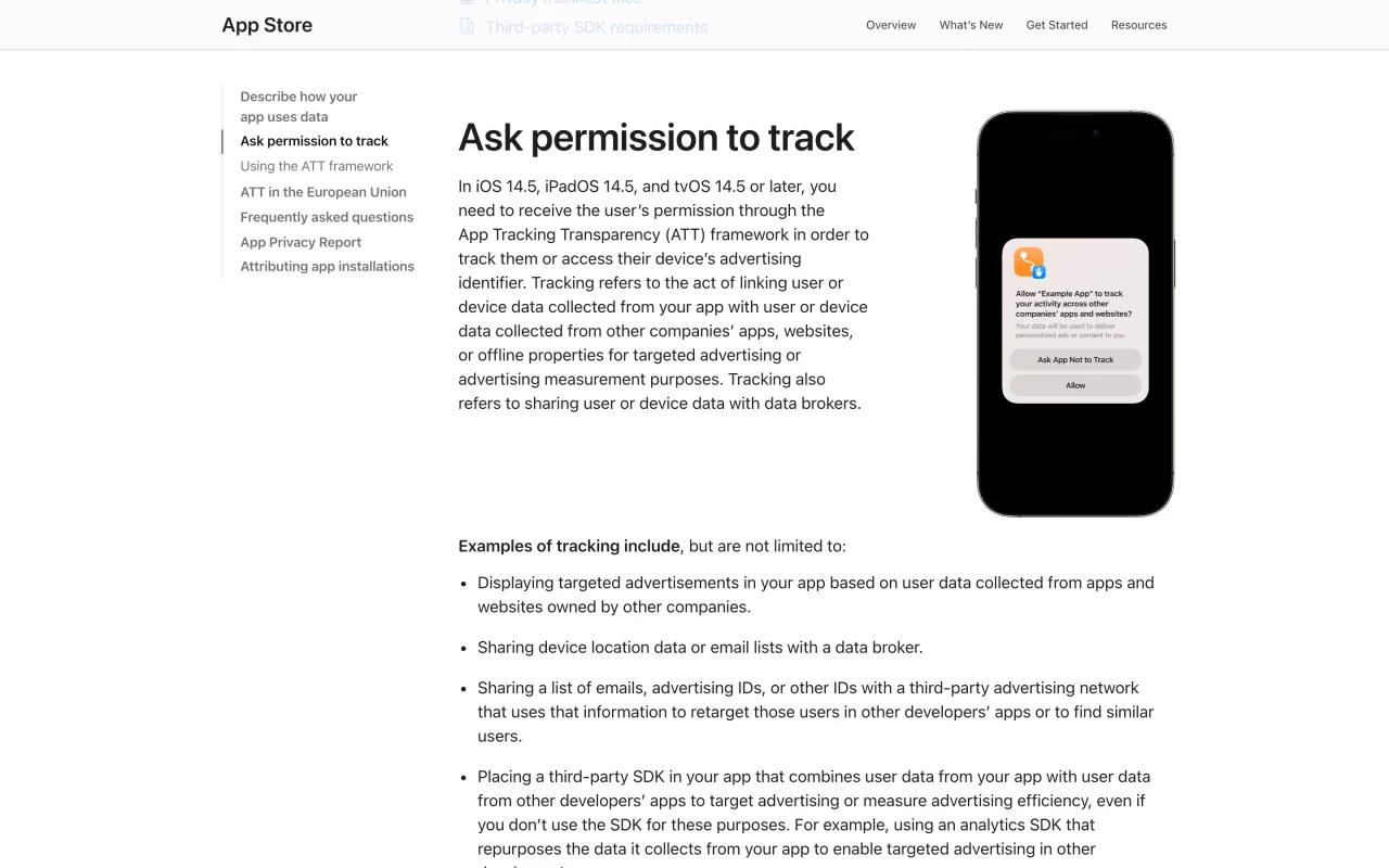 Page Apple User Privacy and Data Use expliquant la demande d’autorisation de suivi App Tracking Transparency, capture du 19 octobre 2026