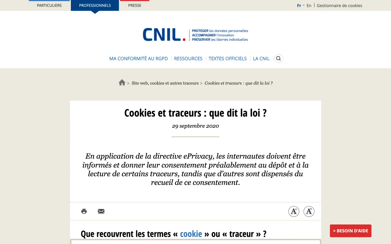 Page de la CNIL Cookies et traceurs : que dit la loi, capture du 19 octobre 2026