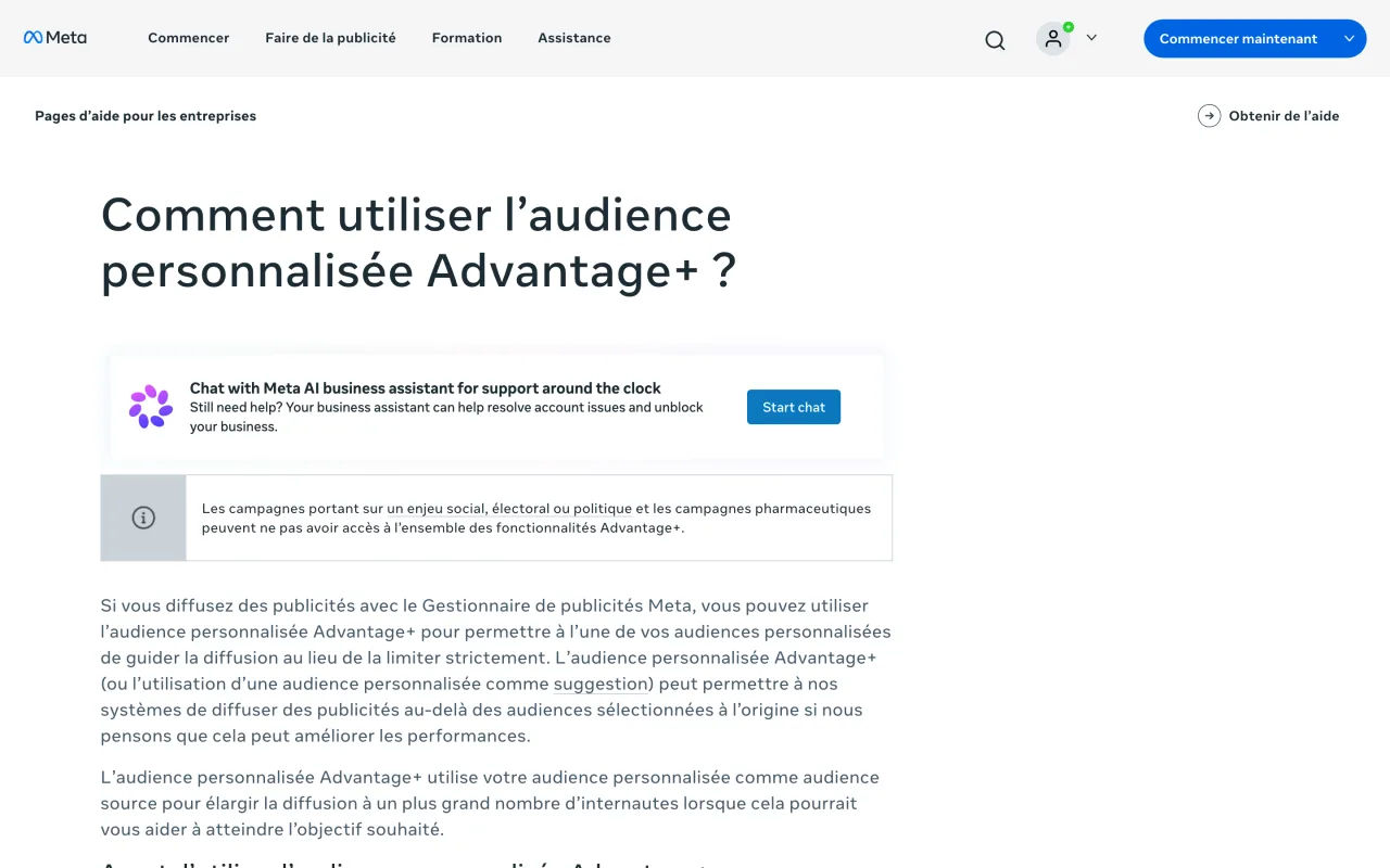 Page d’aide Meta Comment utiliser l’audience personnalisée Advantage+, capture du 19 octobre 2026