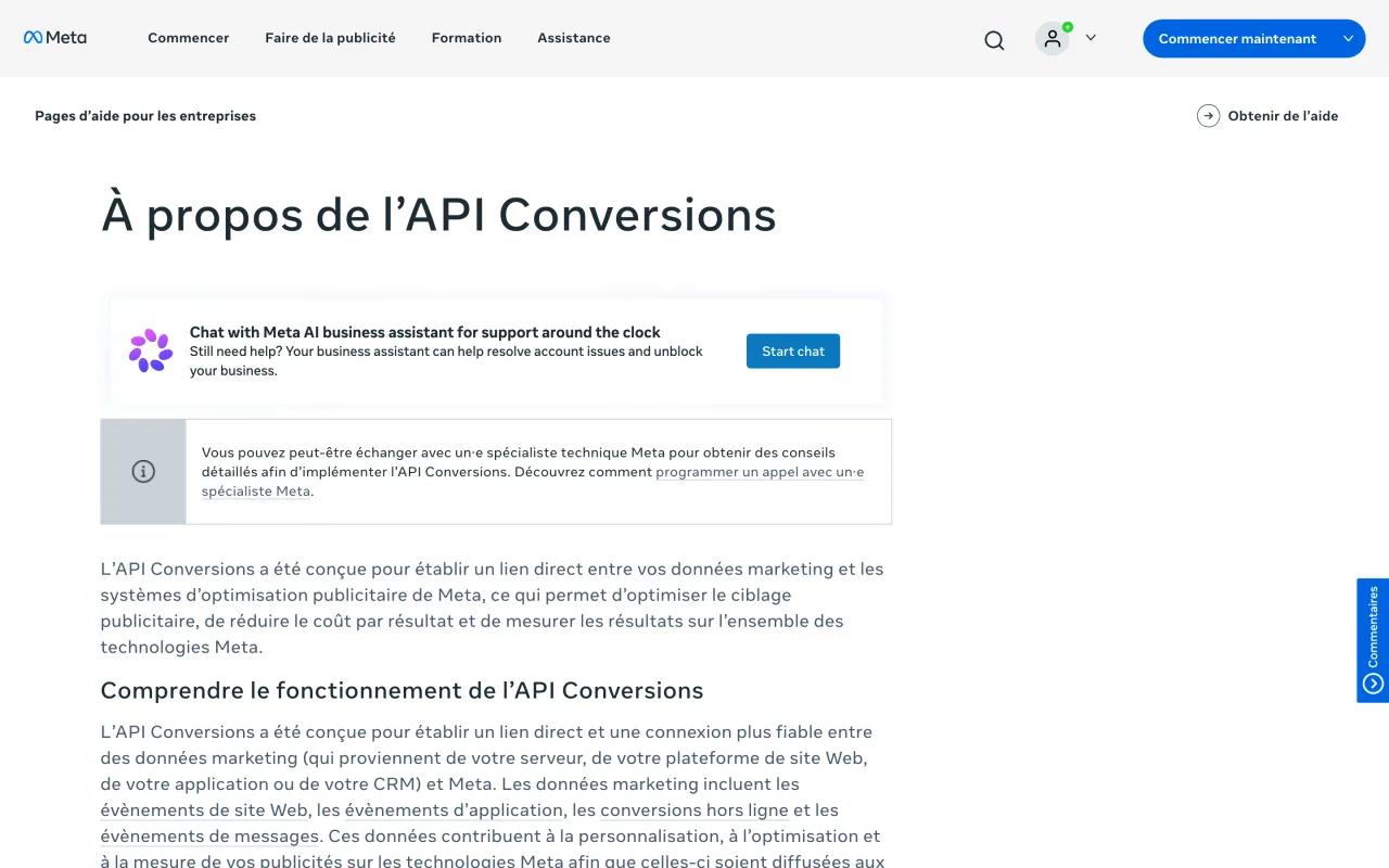 Page d’aide Meta À propos de l’API Conversions, capture du 19 octobre 2026