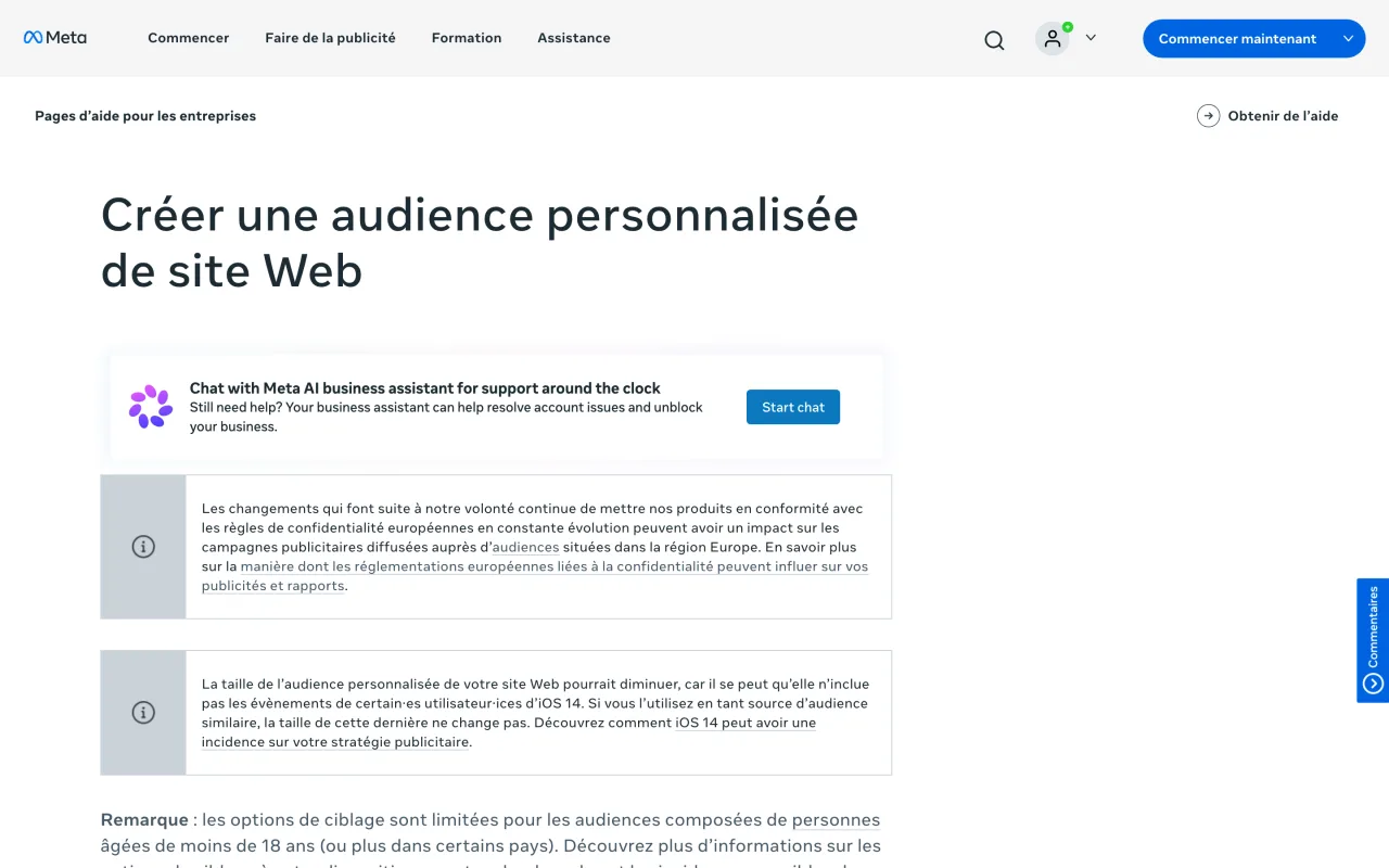 Page d’aide Meta Créer une audience personnalisée de site web, capture du 19 octobre 2026
