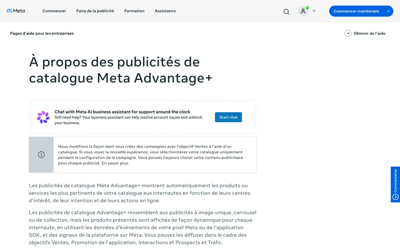 Page d’aide Meta À propos des publicités de catalogue Advantage+, capture du 19 octobre 2026