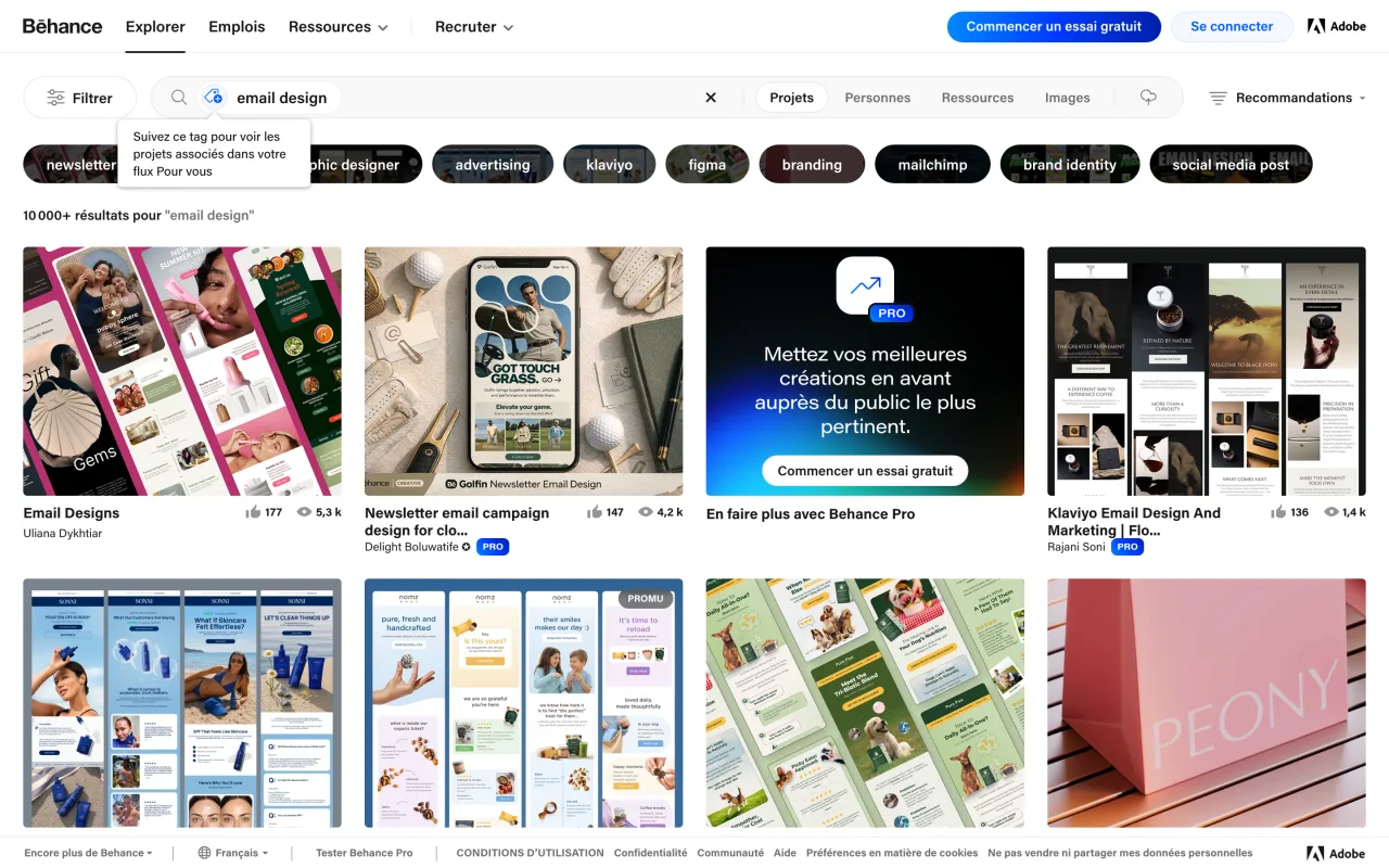 Résultats de recherche email design sur Behance avec plus de 10 000 projets, capture du 19 octobre 2026