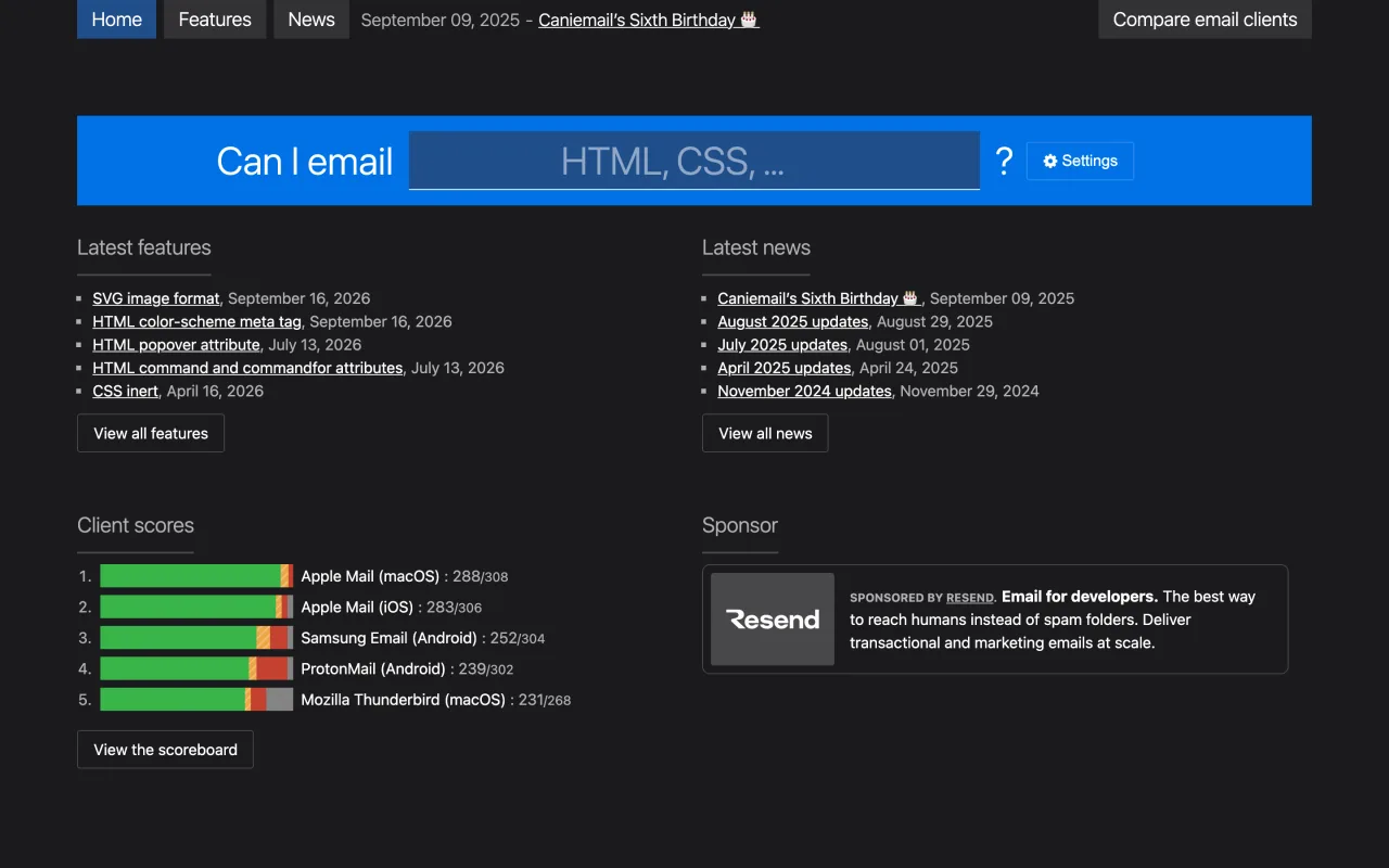 Page d’accueil de Can I email avec les dernières fonctionnalités testées et le classement des messageries, capture du 19 octobre 2026
