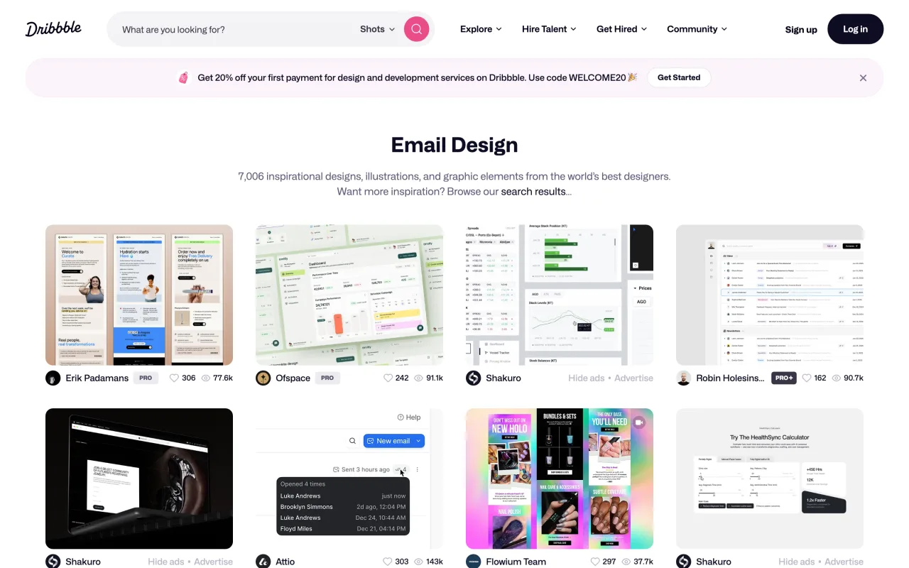 Page du tag Email Design sur Dribbble avec 7 006 créations, capture du 19 octobre 2026