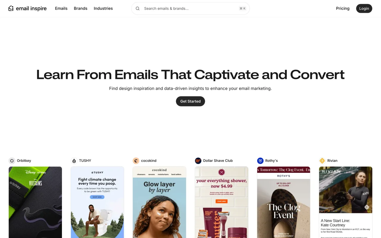 Page d’accueil d’Email Inspire avec des emails récents de marques et leurs objets, capture du 19 octobre 2026