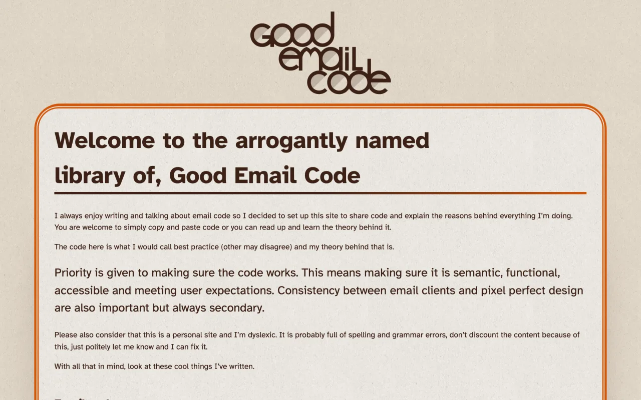 Page d’accueil de Good Email Code, bibliothèque de code d’email expliqué, capture du 19 octobre 2026