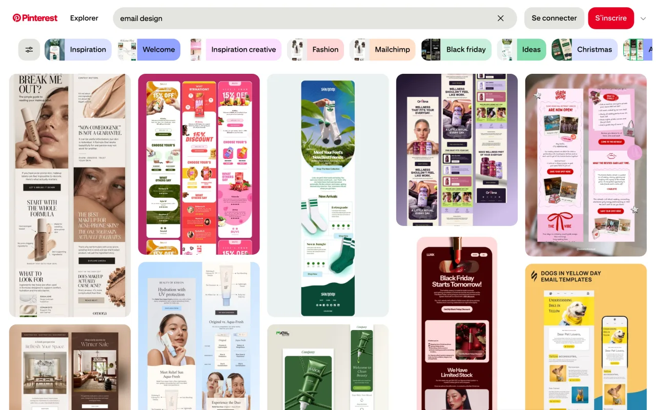 Résultats de recherche email design sur Pinterest avec les suggestions bienvenue, Black Friday et Christmas, capture du 19 octobre 2026