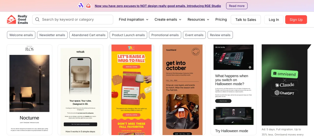 Galerie de Really Good Emails avec ses catégories bienvenue, newsletter, panier abandonné et promotion, capture du 19 octobre 2026