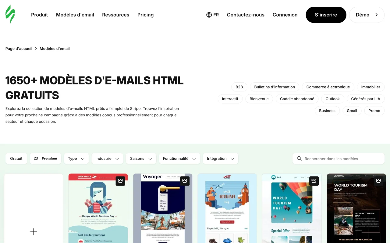 Page des modèles d’emails de Stripo annonçant plus de 1 650 modèles HTML gratuits, capture du 19 octobre 2026
