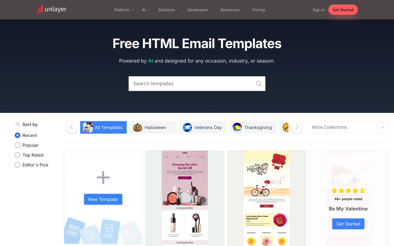Bibliothèque de modèles d’emails HTML gratuits d’Unlayer avec ses collections saisonnières, capture du 19 octobre 2026
