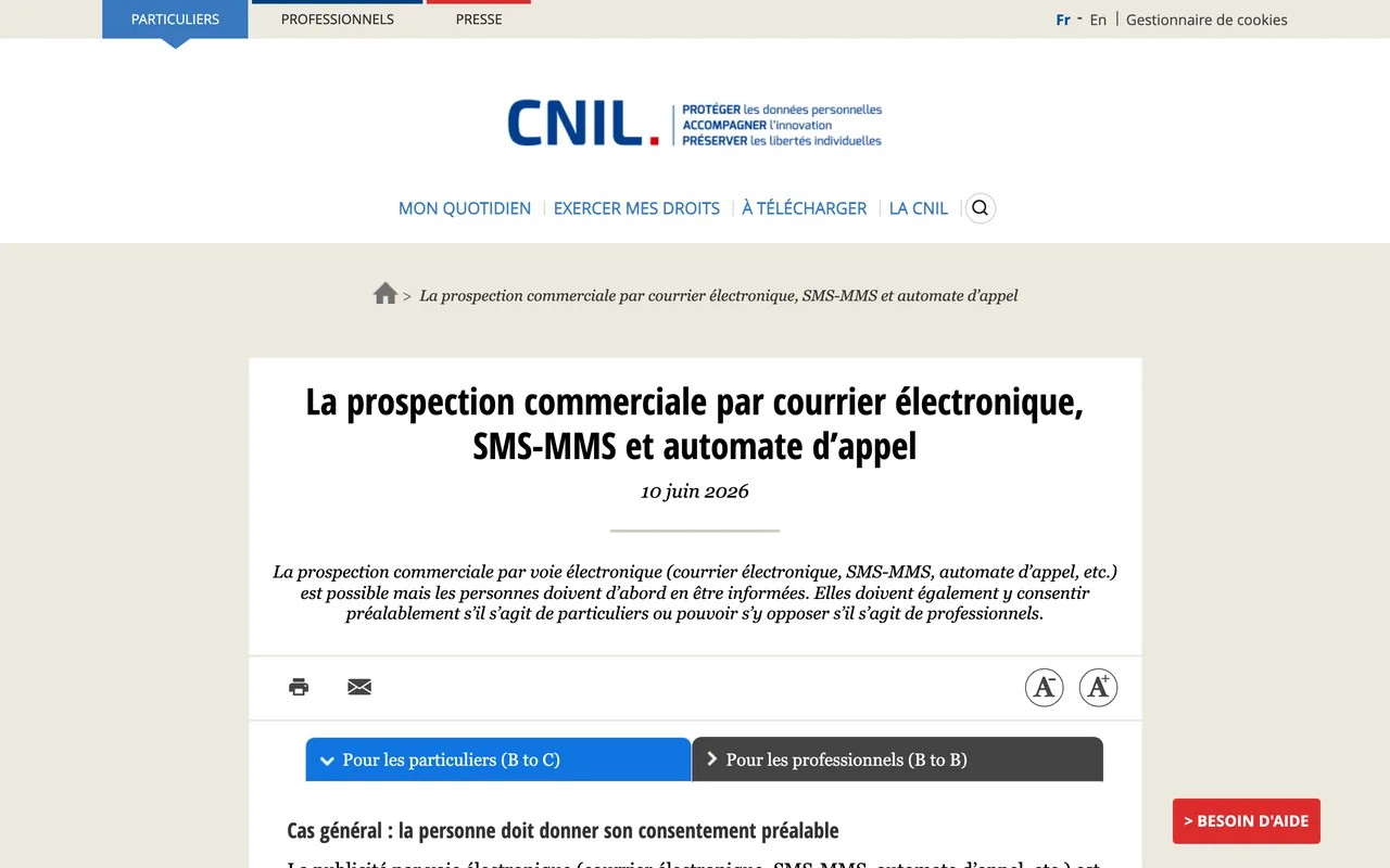 Fiche CNIL sur la prospection commerciale par courrier électronique, mise à jour en juin 2026