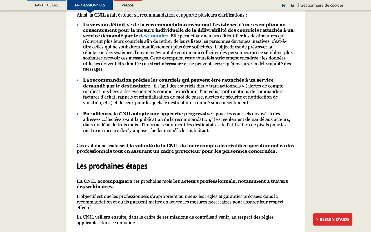 Page de la CNIL listant les courriels transactionnels rattachés à un service demandé par le destinataire, consultée le 19 octobre 2026