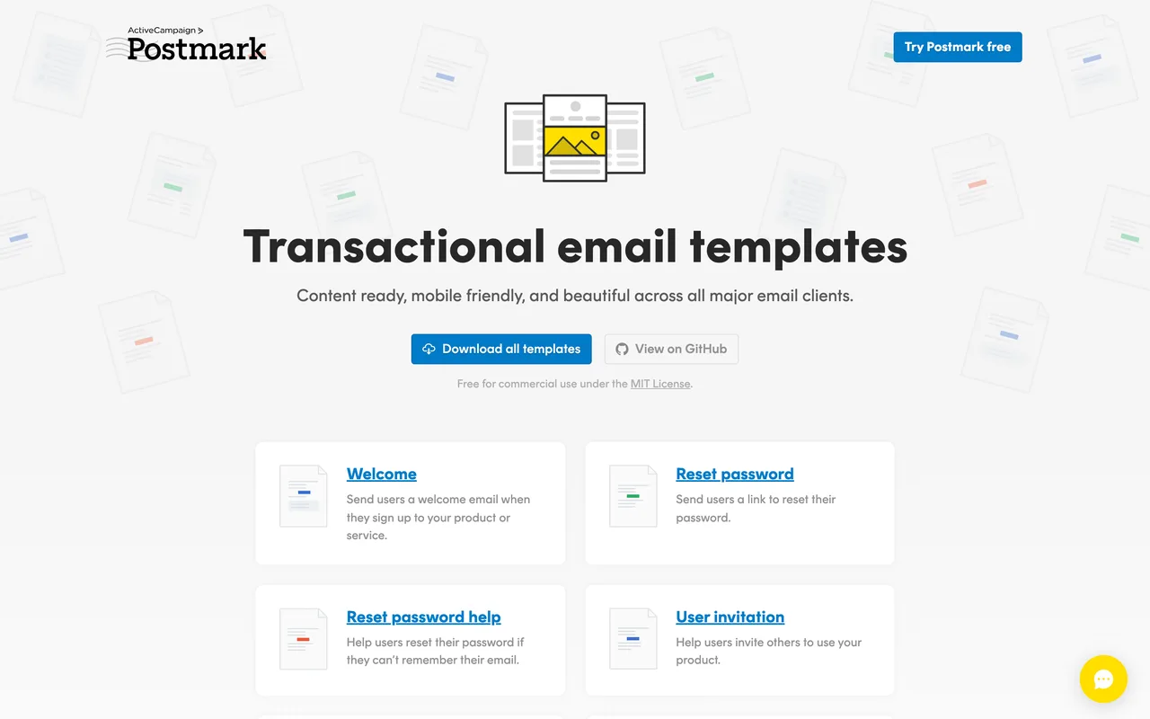 Bibliothèque de modèles d'emails transactionnels de Postmark : bienvenue, réinitialisation de mot de passe, utilisables sous licence MIT