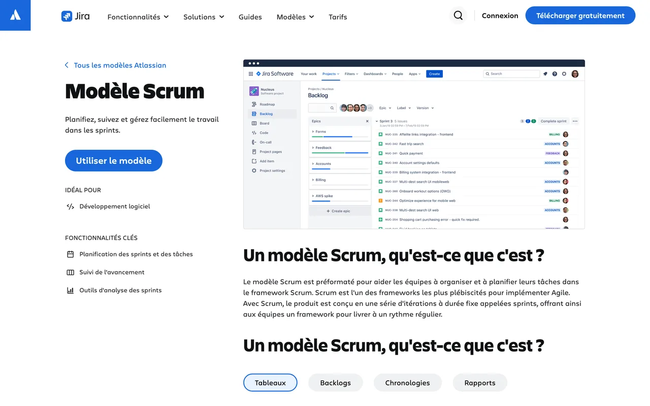 Page du modèle Scrum de Jira chez Atlassian, capture du 19/10/2026