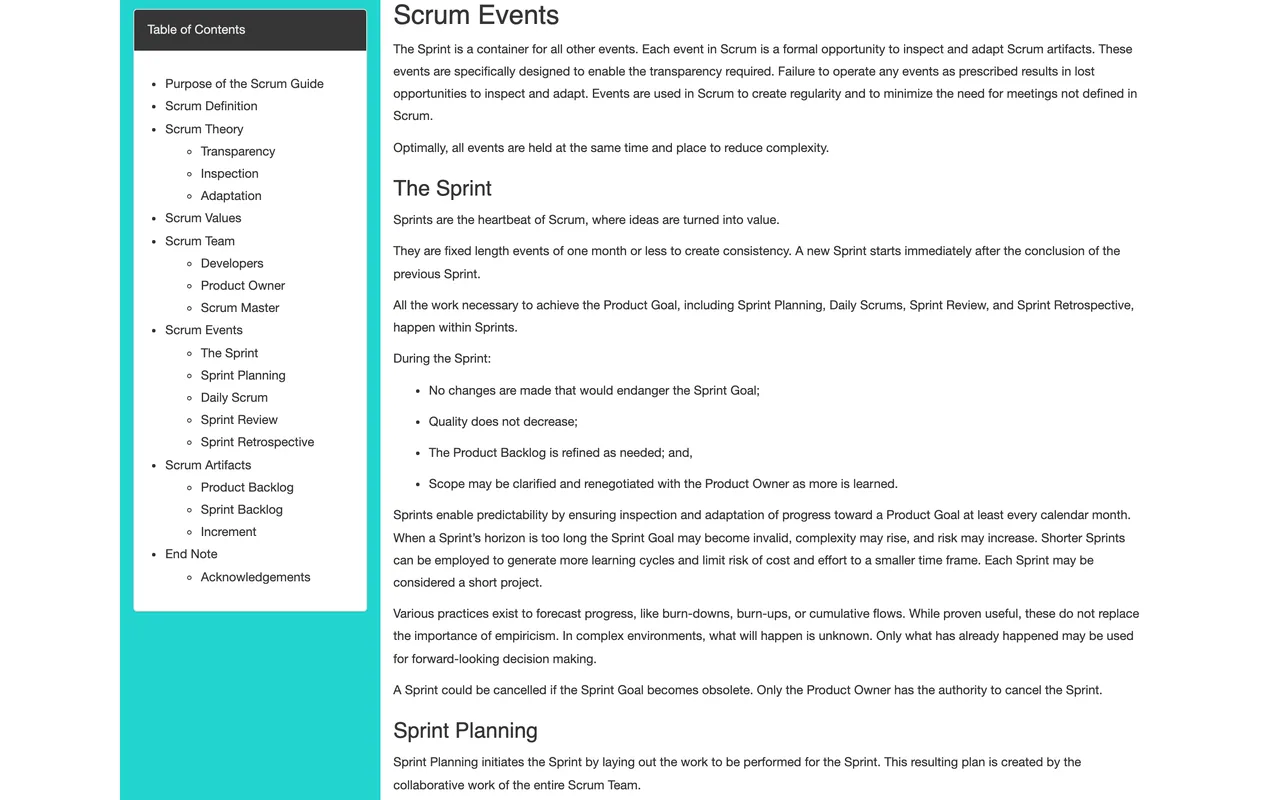 Section Scrum Events du Scrum Guide officiel sur scrumguides.org, capture du 19/10/2026
