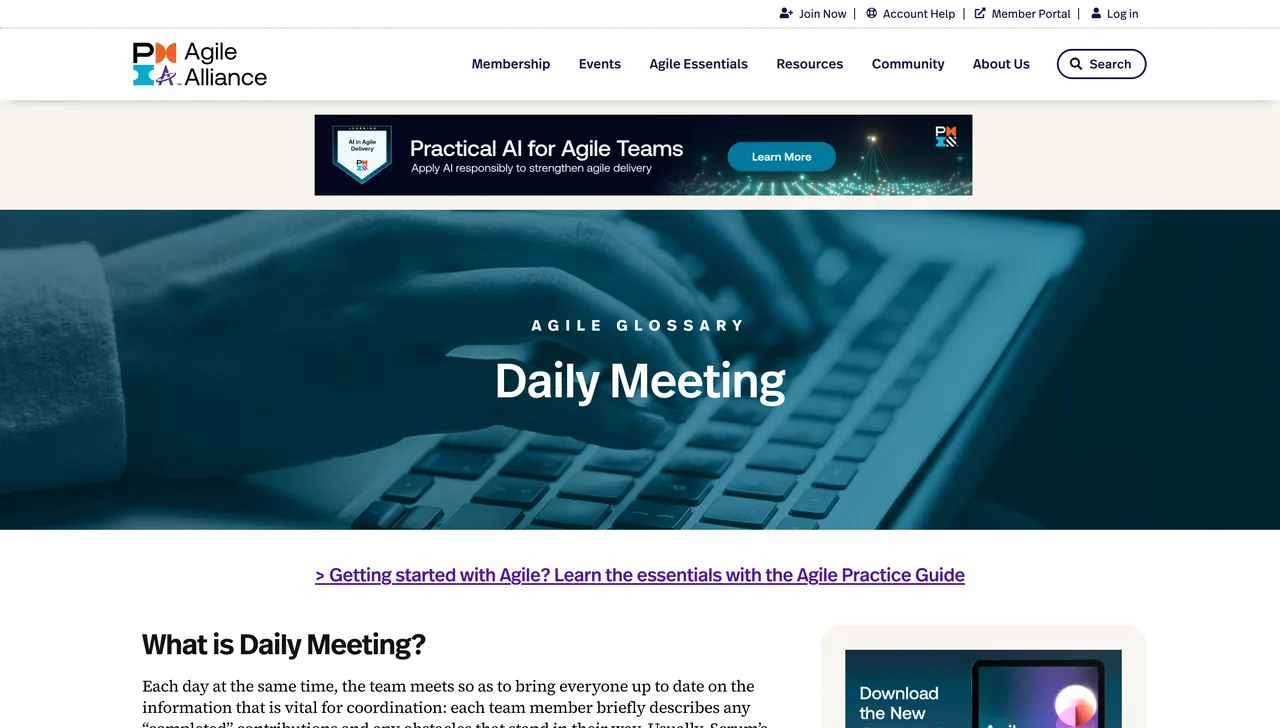 Page Daily Meeting du glossaire de l'Agile Alliance, capture du 19/10/2026