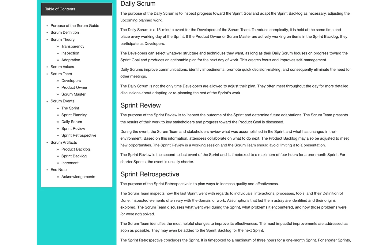 Section Daily Scrum du Scrum Guide officiel sur scrumguides.org, capture du 19/10/2026