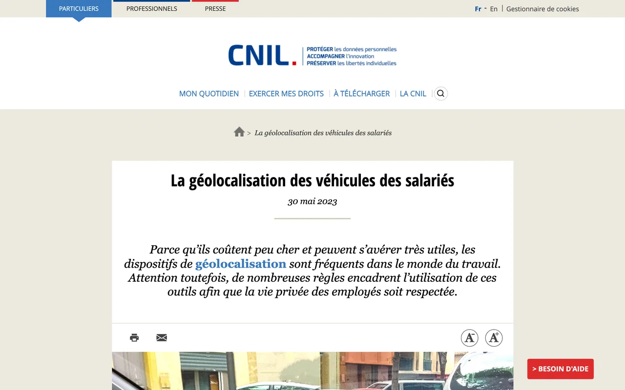 Fiche de la CNIL La géolocalisation des véhicules des salariés, capture du 19/10/2026