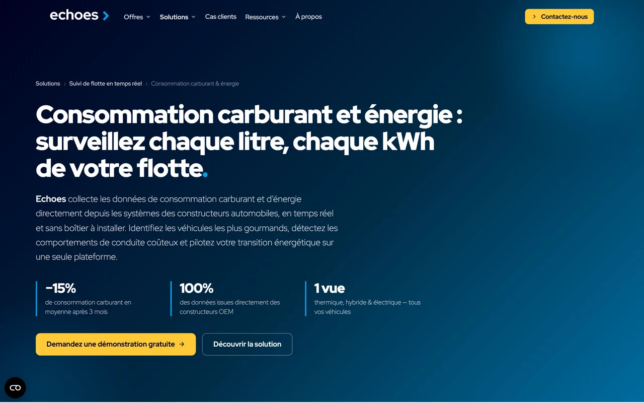 Page consommation carburant et énergie d'Echoes, solution de télémétrie sans boîtier, capture du 19/10/2026