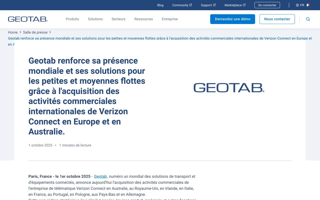Communiqué de Geotab sur l'acquisition des activités commerciales de Verizon Connect en Europe et en Australie, capture du 19/10/2026