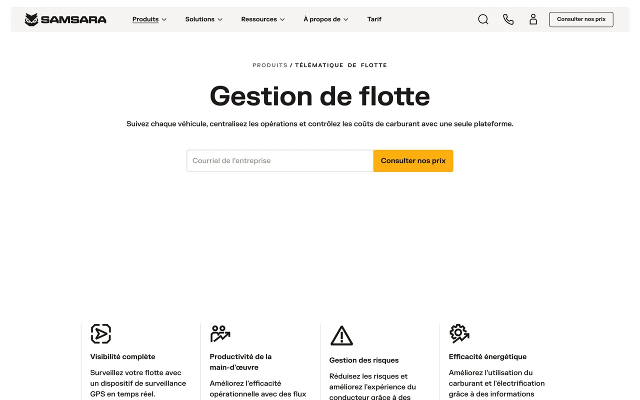 Page télématique et gestion de flotte de Samsara, capture du 19/10/2026