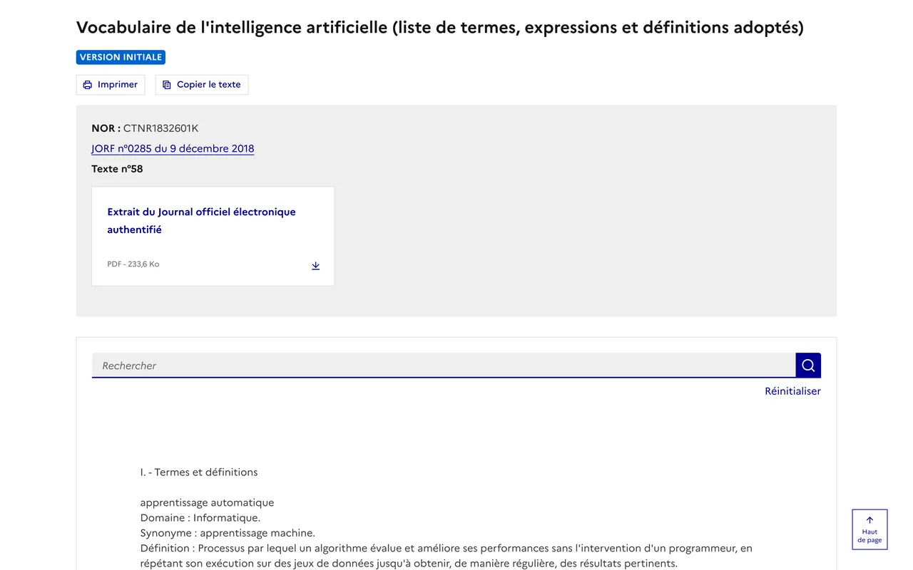 Page Légifrance du vocabulaire de l’intelligence artificielle publié au Journal officiel du 9 décembre 2018, avec la définition de l’apprentissage automatique