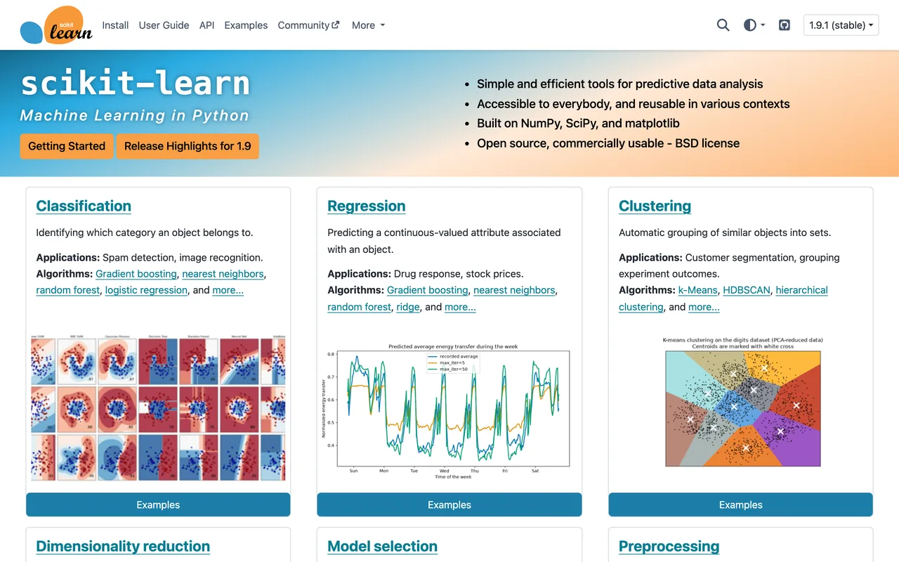 Page d’accueil de scikit-learn, bibliothèque Python de machine learning : classification, régression, clustering