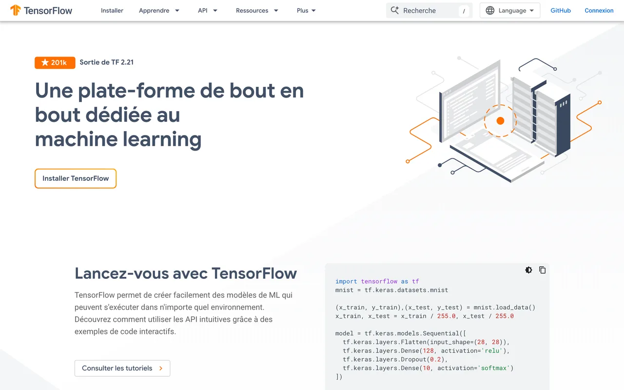 Page d’accueil française de TensorFlow, plateforme de machine learning de bout en bout