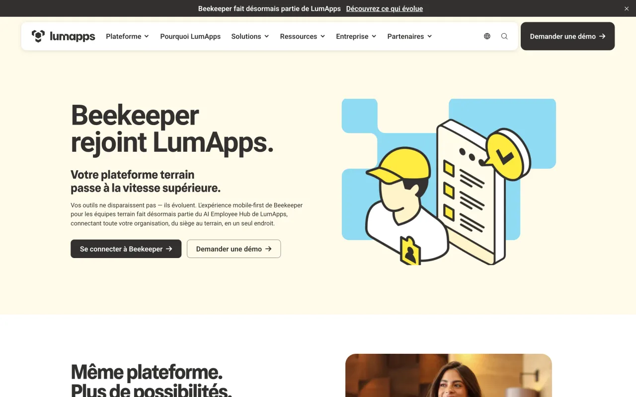 Site de Beekeeper annonçant que Beekeeper rejoint LumApps, capture du 19 octobre 2026