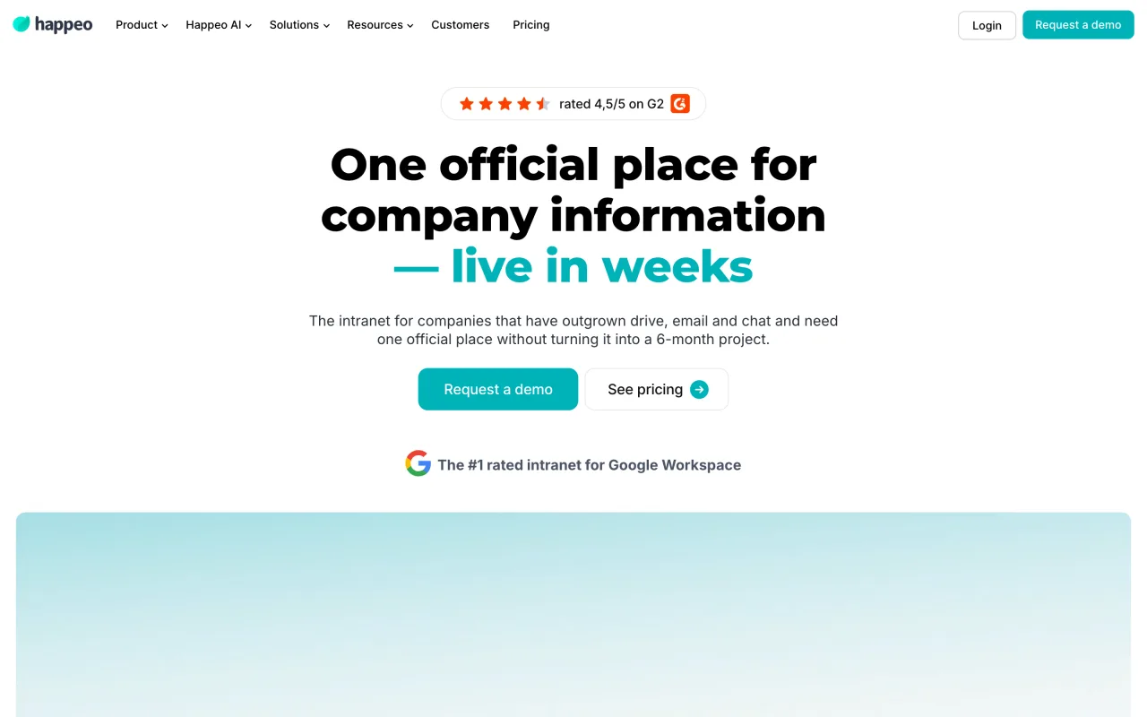 Page d’accueil de Happeo, intranet pour les entreprises, capture du 19 octobre 2026