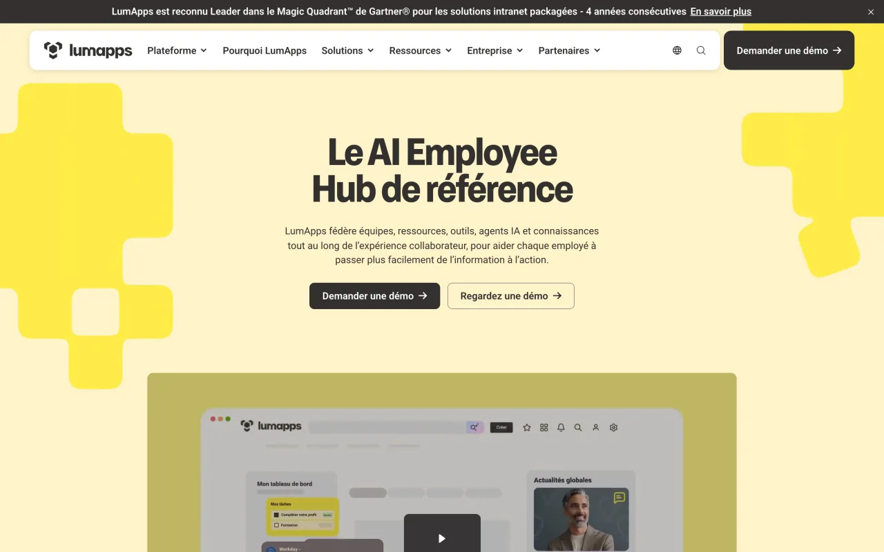 Page d’accueil de LumApps présentée comme AI Employee Hub, capture du 19 octobre 2026